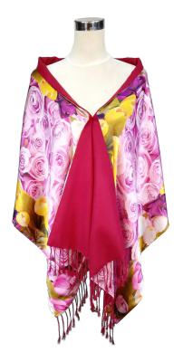 Damen Stola 100% Seide Satin Flanell 2-seitig Blume